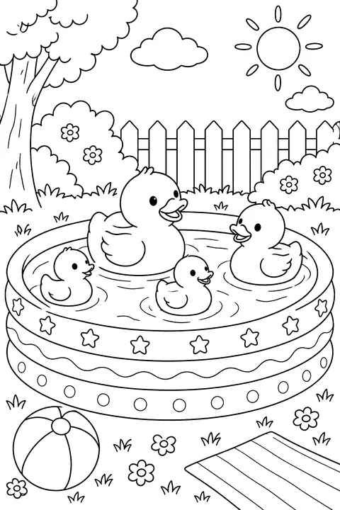 rubber ducks in a kiddie pool coloring page