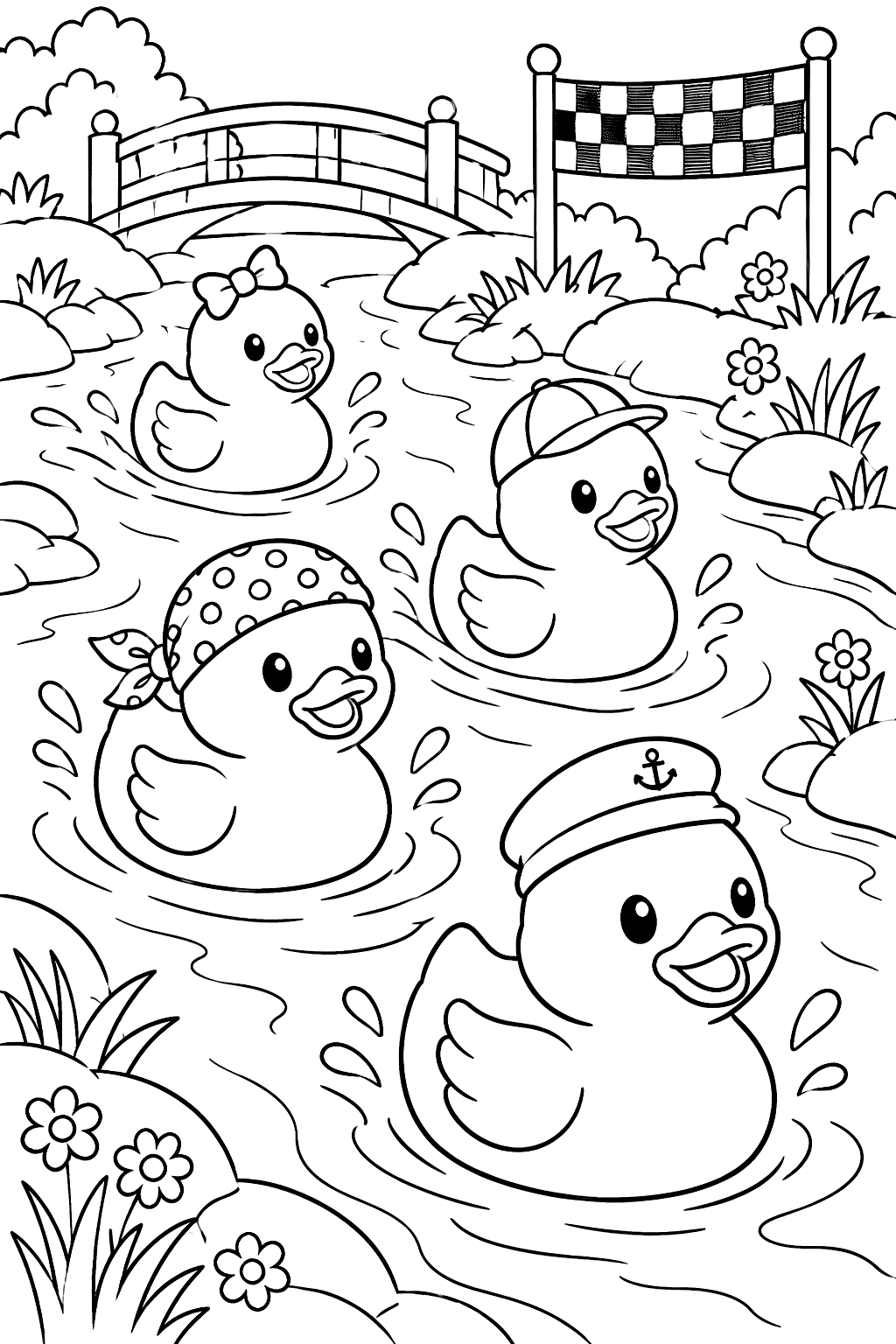 rubber ducks racing in a stream coloring page