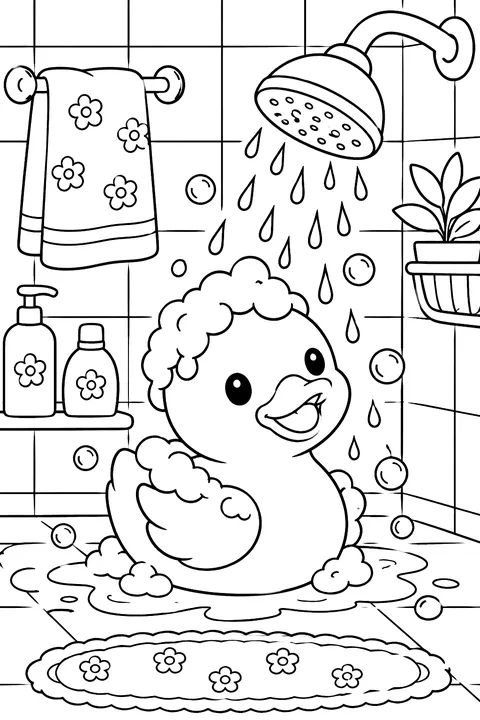 a rubber duck under a shower coloring page