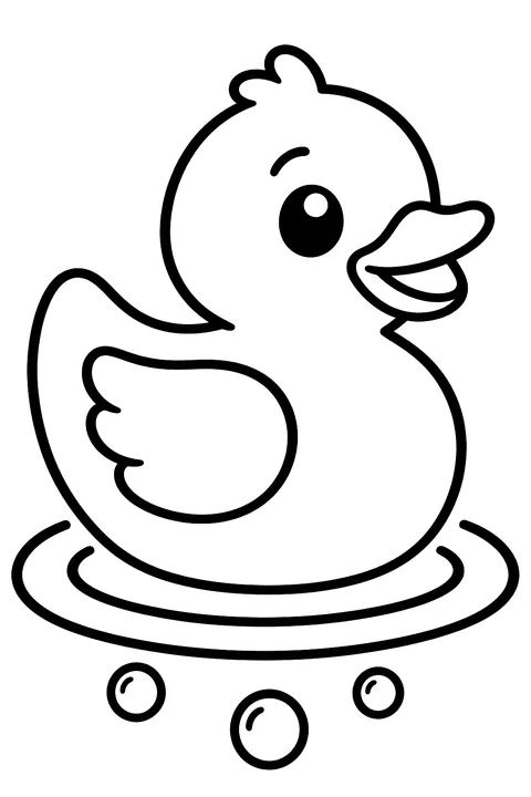 a rubber duck with a wing, a beak and a small water ripple and bubbles below coloring page