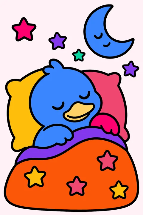 a rubber duck sleeping on a pillow with a little blanket and a moon and stars coloring page