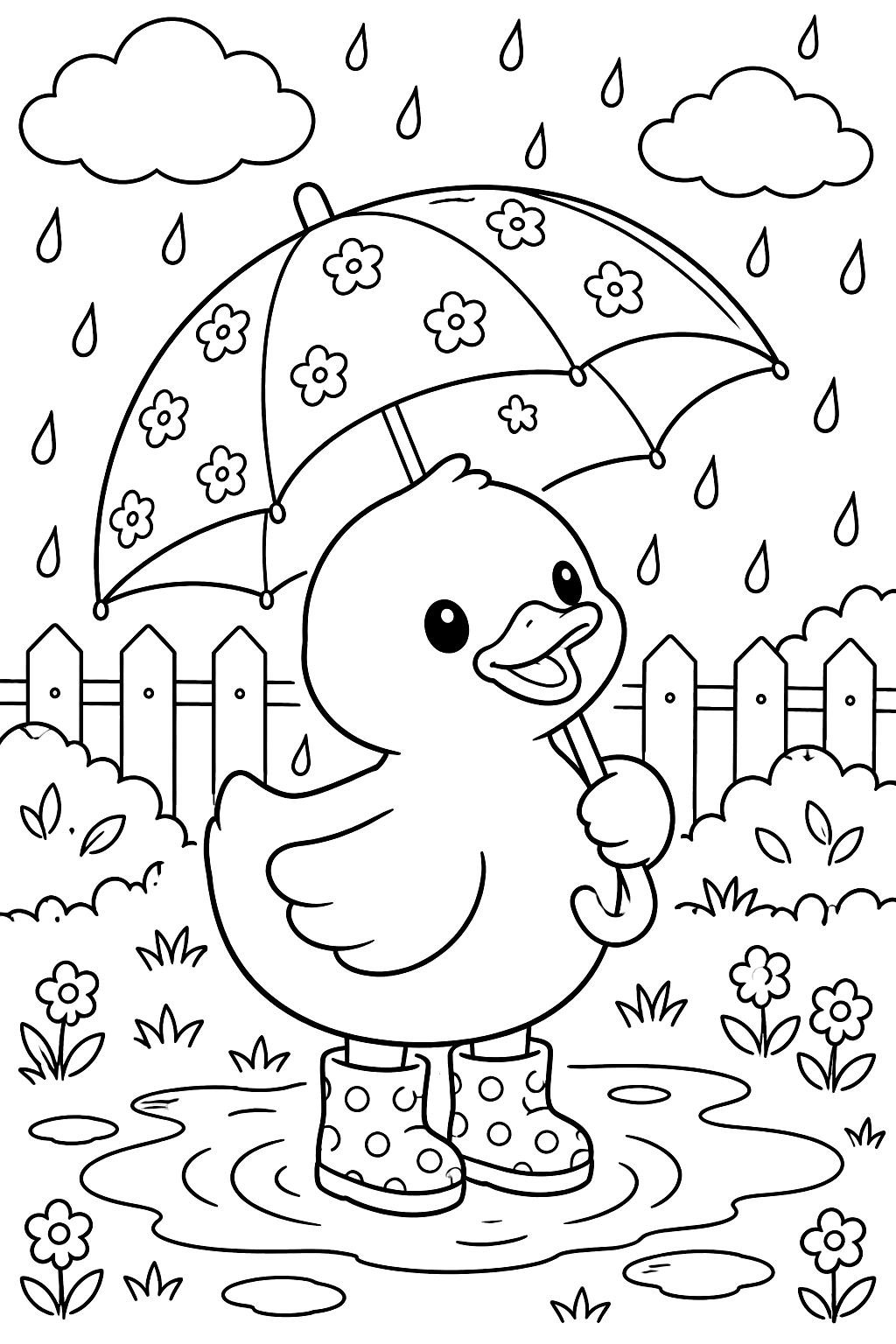 a rubber duck with an umbrella in the rain coloring page