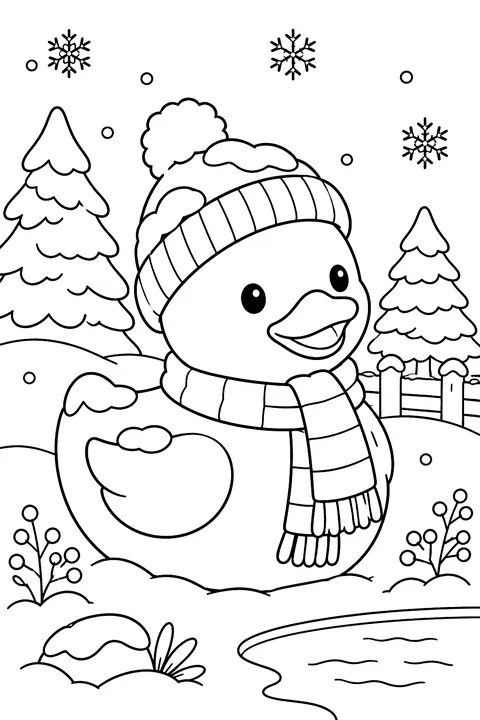 a rubber duck with a scarf and snow coloring page