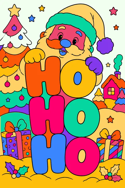 Big bubble letters spelling ho ho ho with santa peeking from behind coloring page