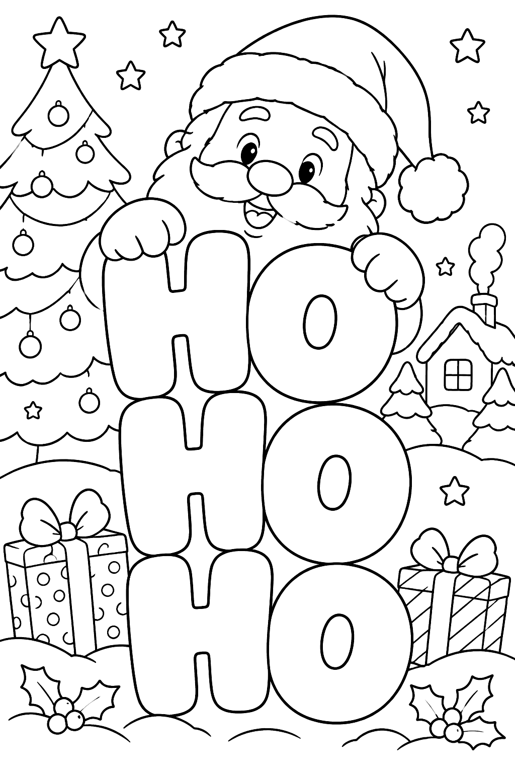 Big bubble letters spelling ho ho ho with santa peeking from behind coloring page