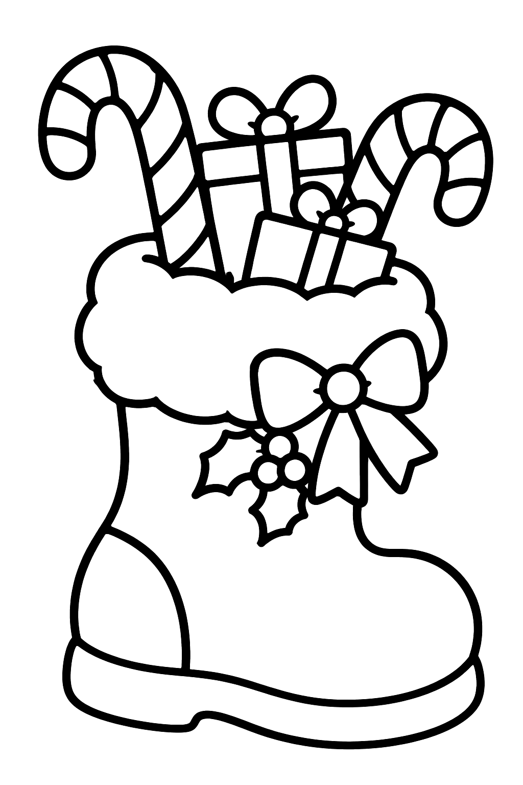 Santa boot filled with candy canes and small wrapped presents coloring page