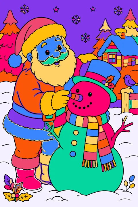 Santa building a snowman with a carrot nose and a striped scarf coloring page