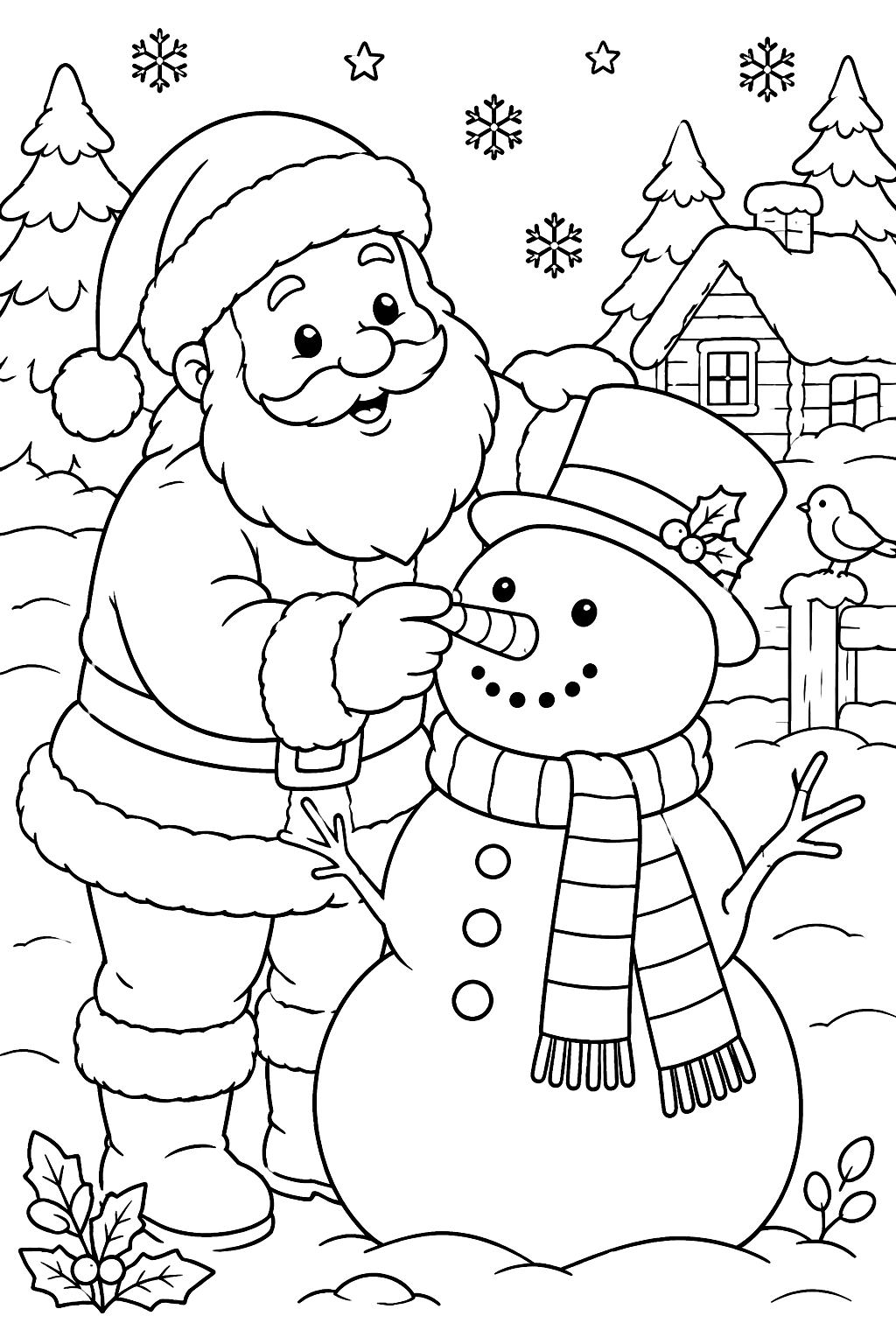 Santa building a snowman with a carrot nose and a striped scarf coloring page