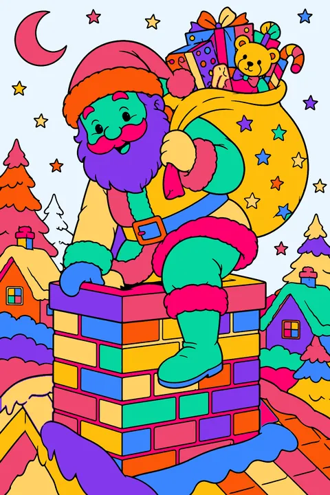 Santa climbing down a brick chimney with a sack full of gifts coloring page