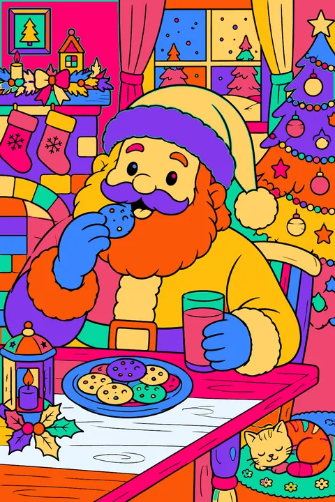 Santa eating cookies and drinking milk at a kitchen table on christmas eve coloring page