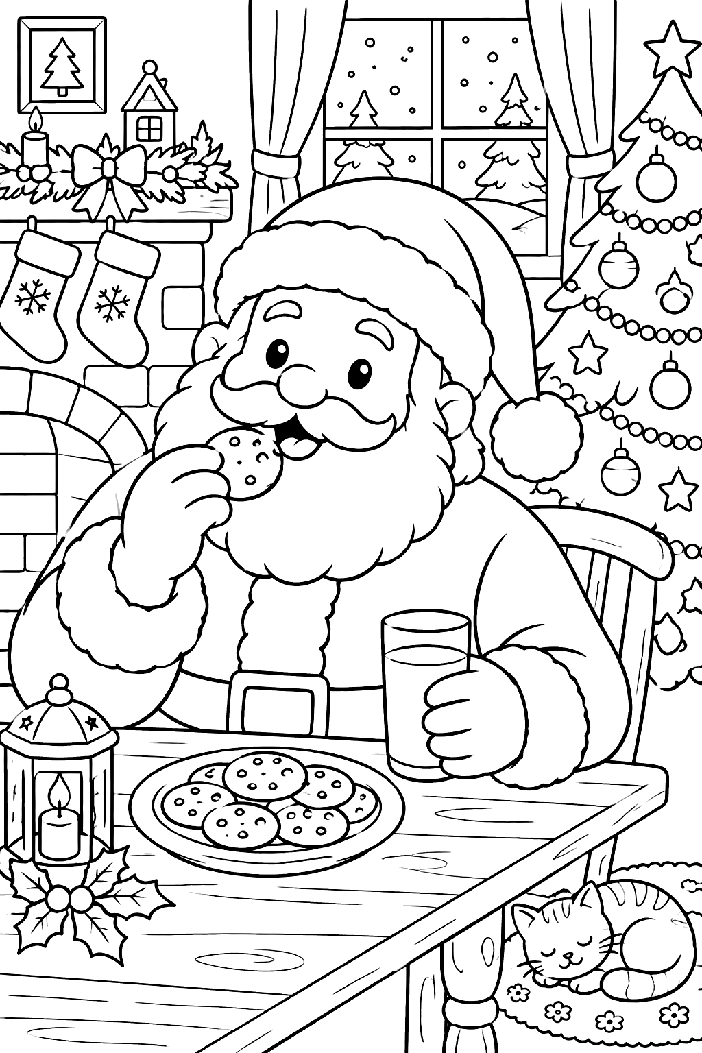 Santa eating cookies and drinking milk at a kitchen table on christmas eve coloring page