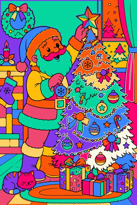 Santa decorating a christmas tree with ornaments and a star on top coloring page