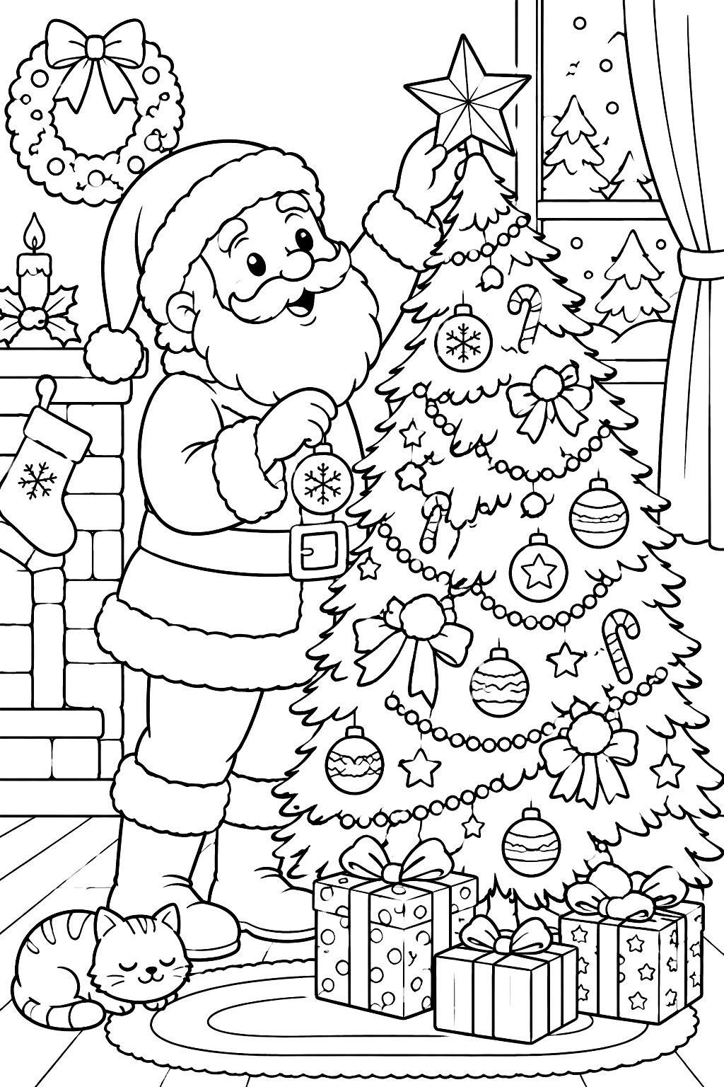 Santa decorating a christmas tree with ornaments and a star on top coloring page