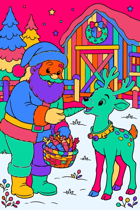 Santa feeding carrots to a happy reindeer outside a snowy barn coloring page