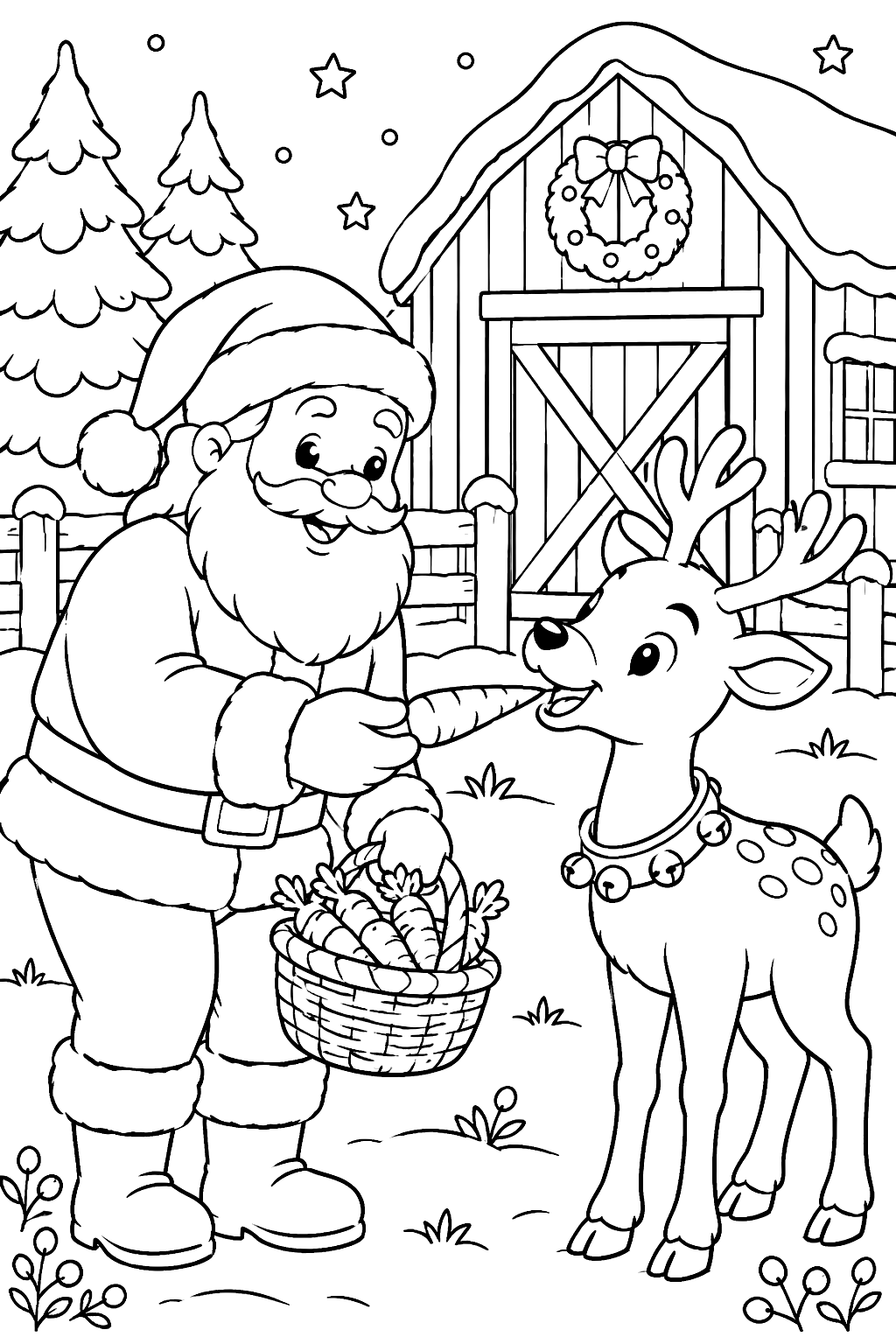 Santa feeding carrots to a happy reindeer outside a snowy barn coloring page