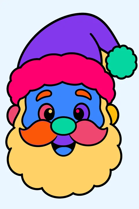 Santa claus head wearing a fluffy hat with a big pom pom coloring page