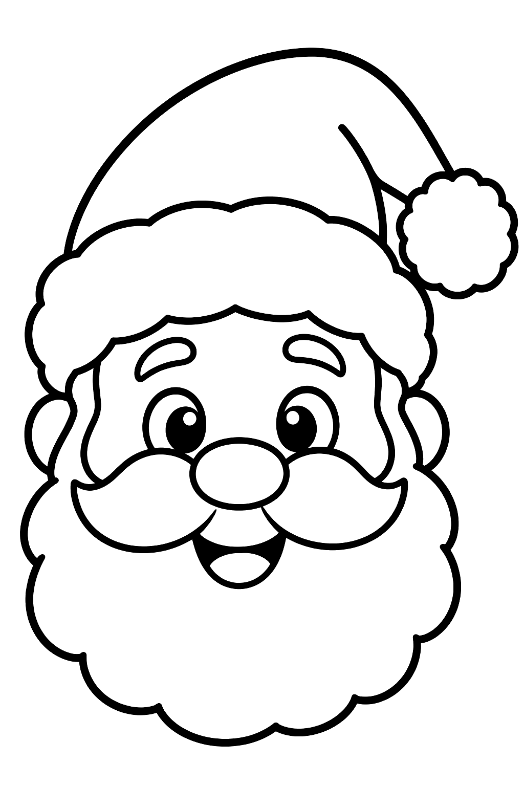 Santa claus head wearing a fluffy hat with a big pom pom coloring page