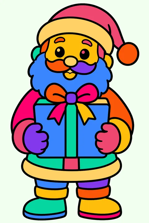 Santa holding one big wrapped present with a bow on top coloring page