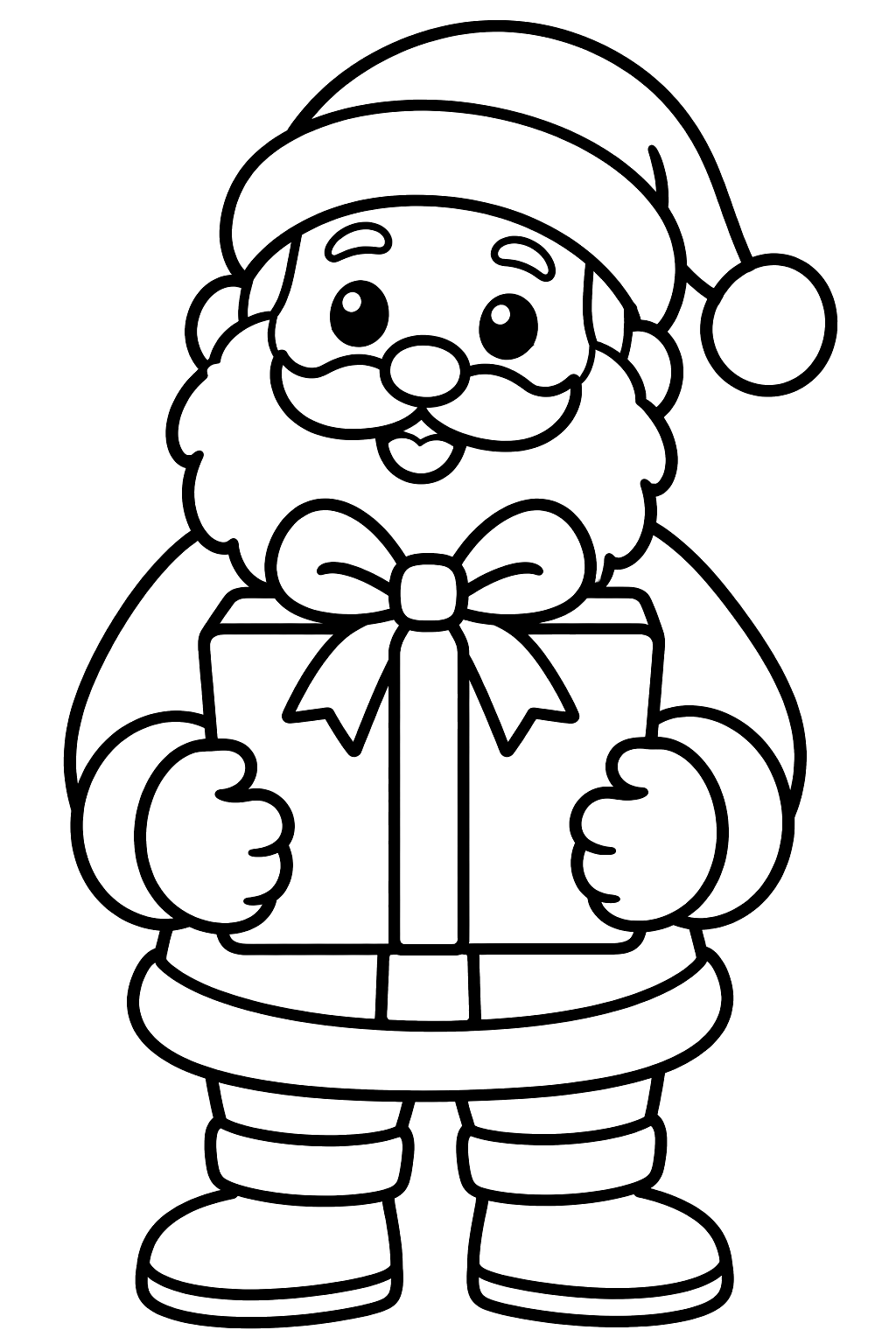 Santa holding one big wrapped present with a bow on top coloring page