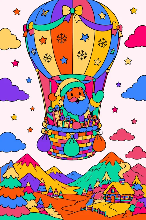 Santa flying a hot air balloon filled with presents over snowy mountains coloring page