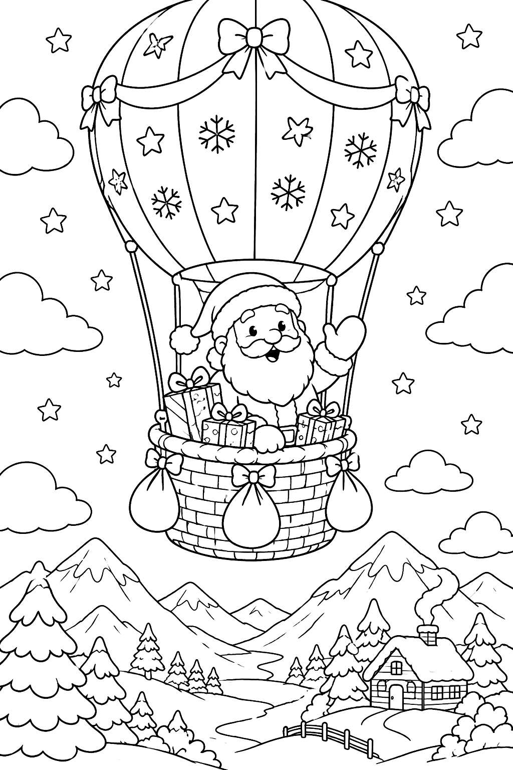 Santa flying a hot air balloon filled with presents over snowy mountains coloring page