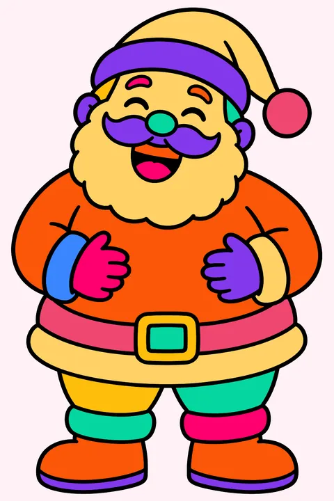 Chubby santa laughing with both hands on his round belly coloring page