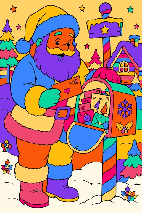 Santa opening a mailbox stuffed with letters from children at the north pole coloring page