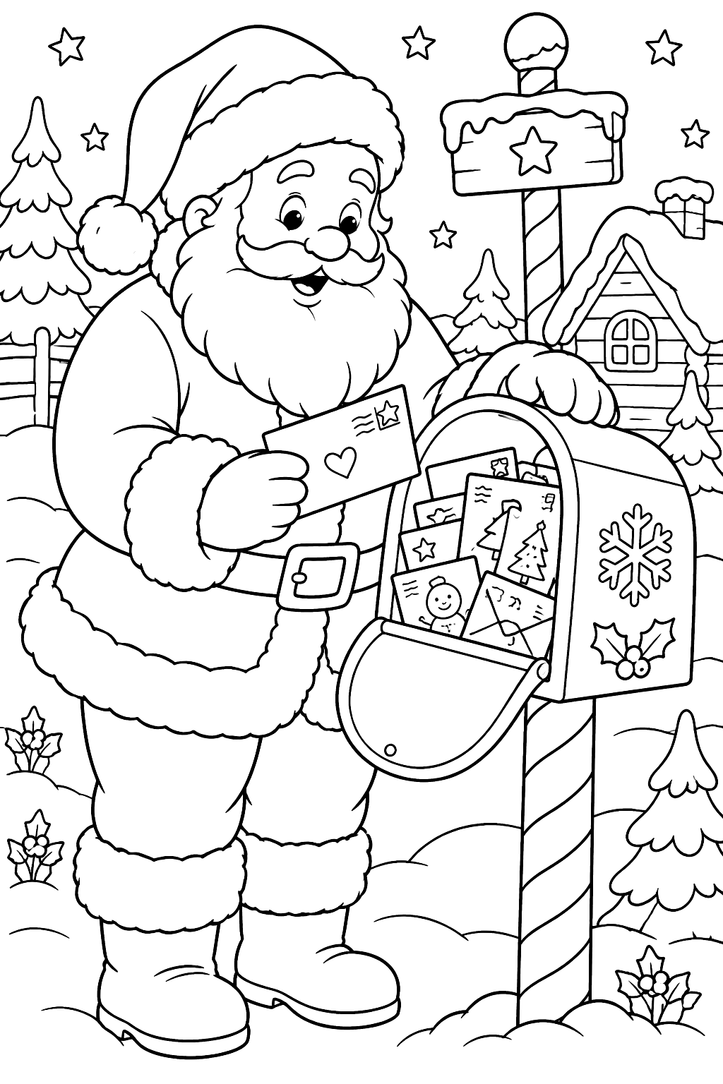 Santa opening a mailbox stuffed with letters from children at the north pole coloring page