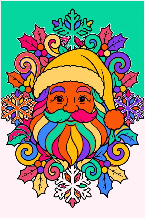 Santa face framed by an ornate mandala of snowflakes holly leaves and swirls coloring page
