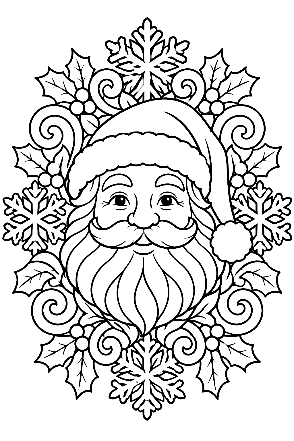 Santa face framed by an ornate mandala of snowflakes holly leaves and swirls coloring page