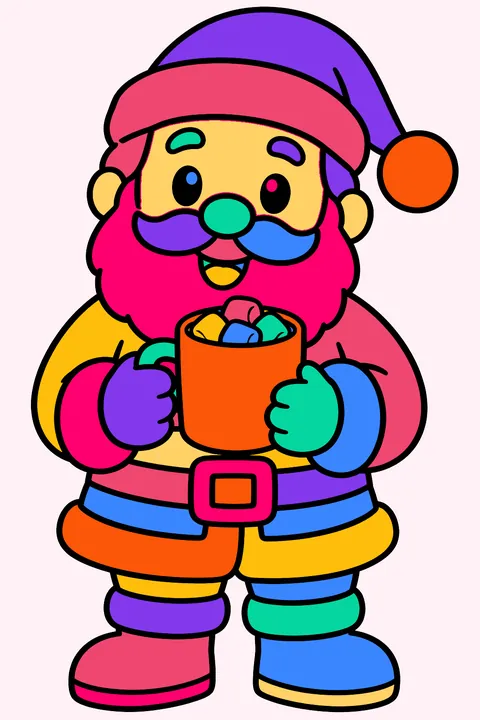 Santa holding a mug of hot cocoa topped with marshmallows coloring page
