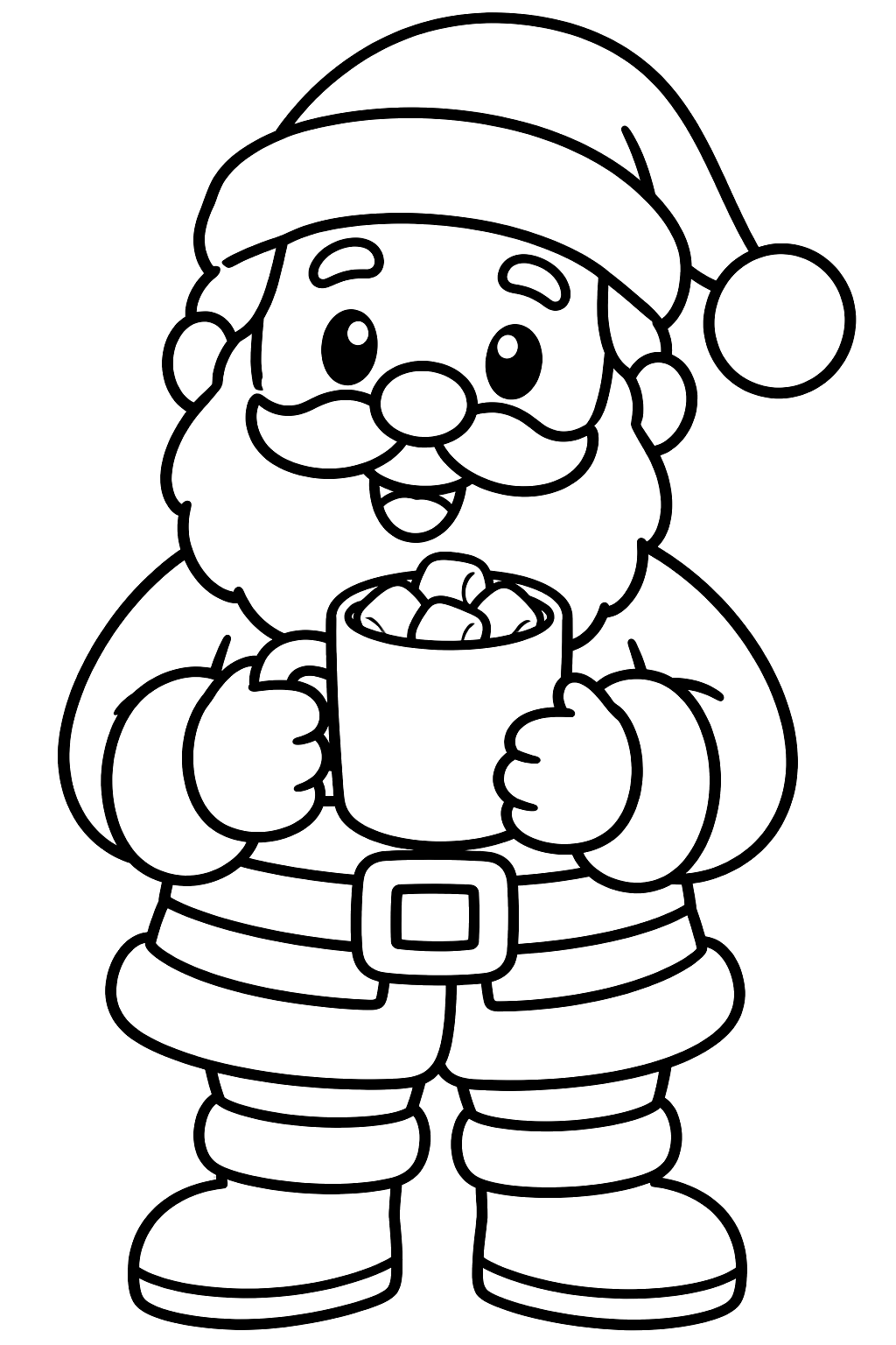 Santa holding a mug of hot cocoa topped with marshmallows coloring page