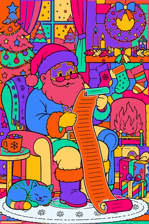 Santa reading a long list with glasses on his nose by the fireplace coloring page