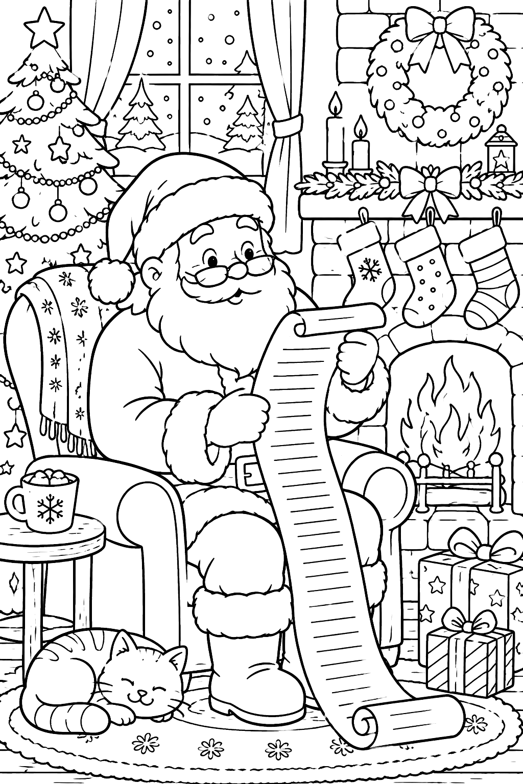 Santa reading a long list with glasses on his nose by the fireplace coloring page