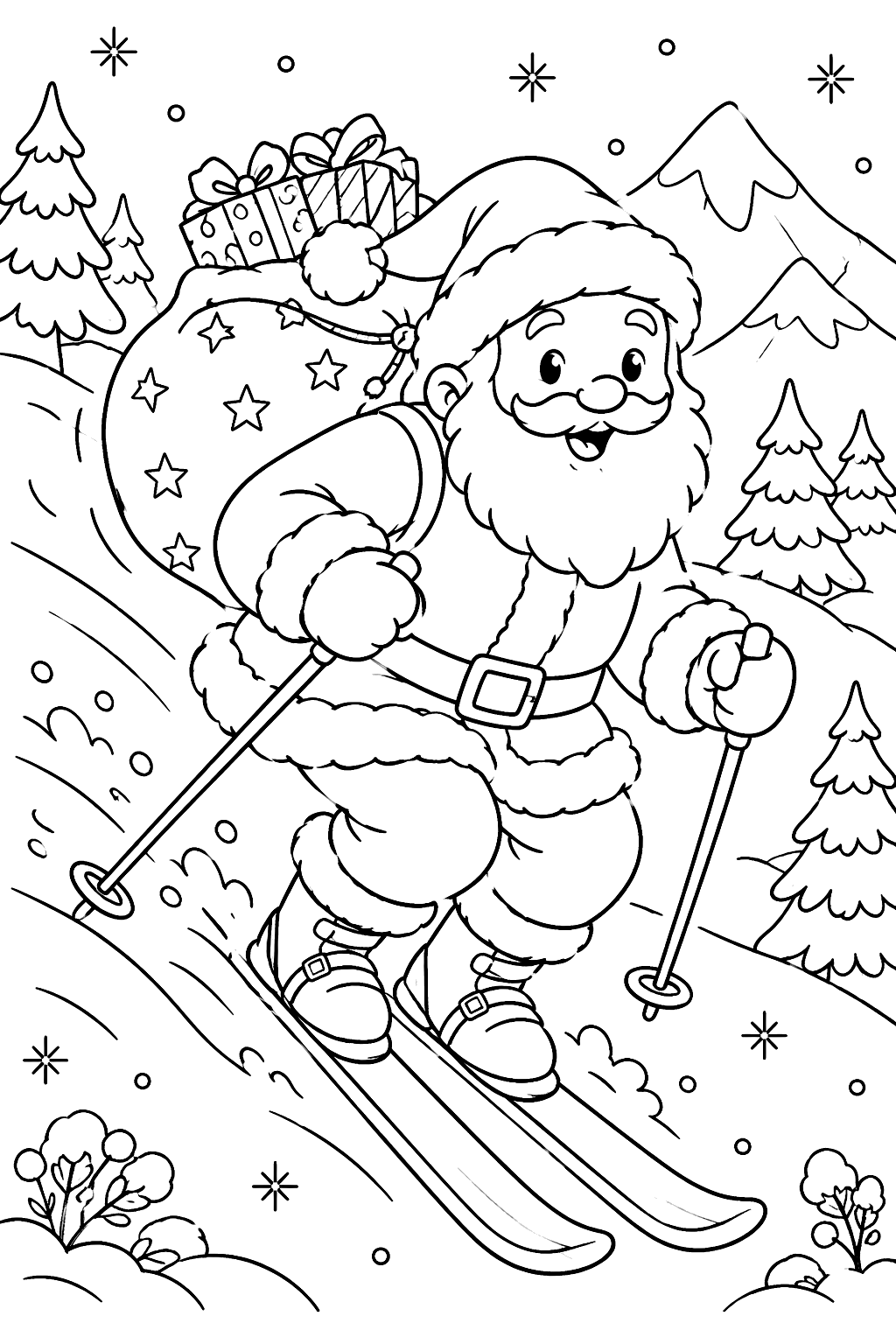 Santa skiing down a snowy hill with a gift sack bouncing behind him coloring page