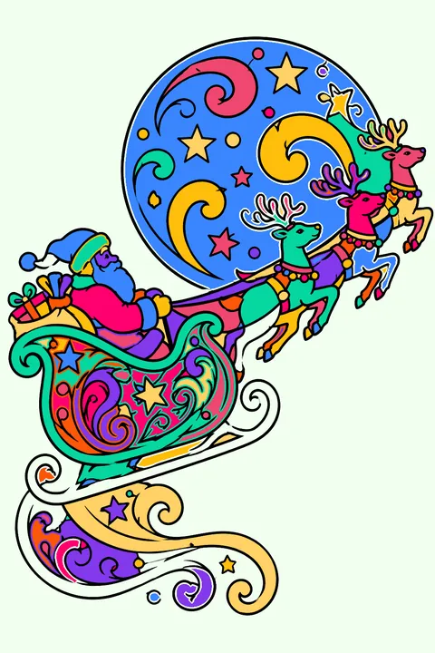 Santa sleigh decorated with intricate swirls stars and paisley patterns flying past the moon coloring page