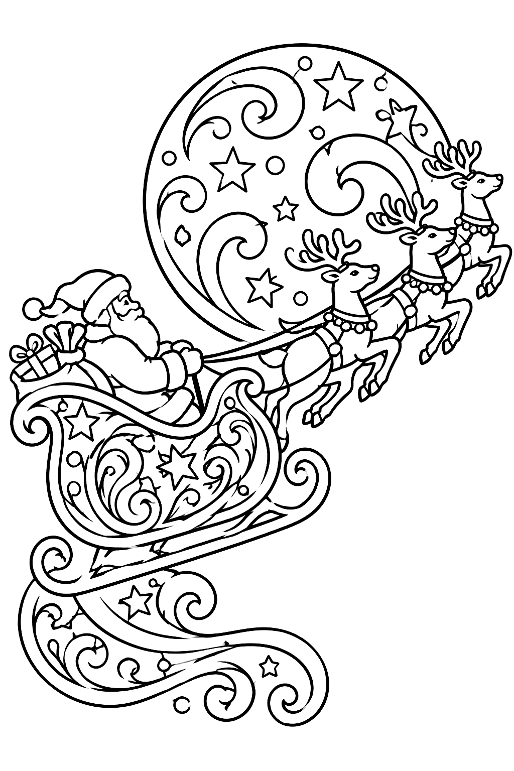 Santa sleigh decorated with intricate swirls stars and paisley patterns flying past the moon coloring page