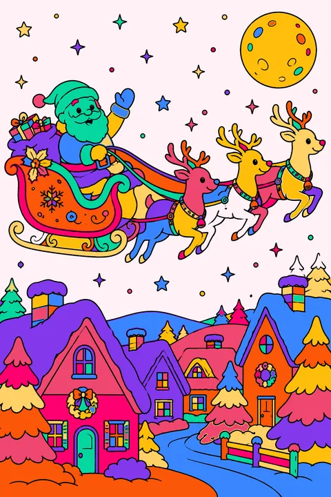 Santa riding a sleigh pulled by reindeer over snowy rooftops at night coloring page