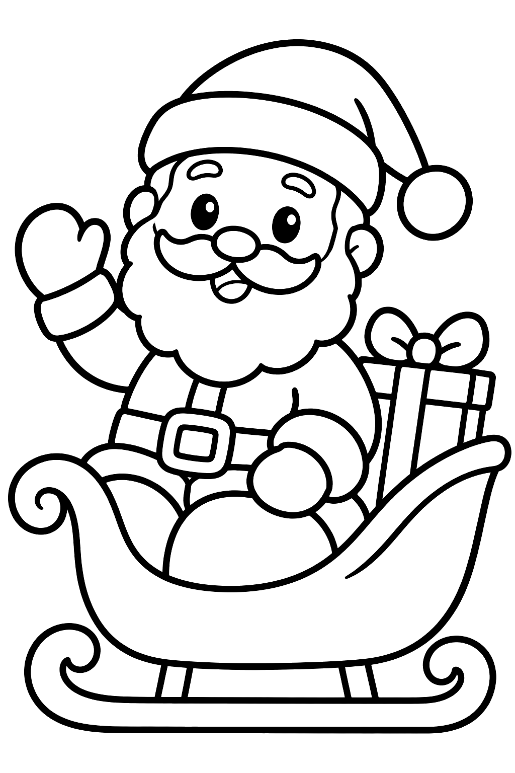 Santa sitting in a small sleigh with one present beside him coloring page