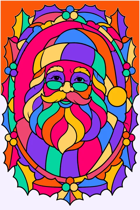 Santa portrait in a stained glass window style with an ornate holly border coloring page