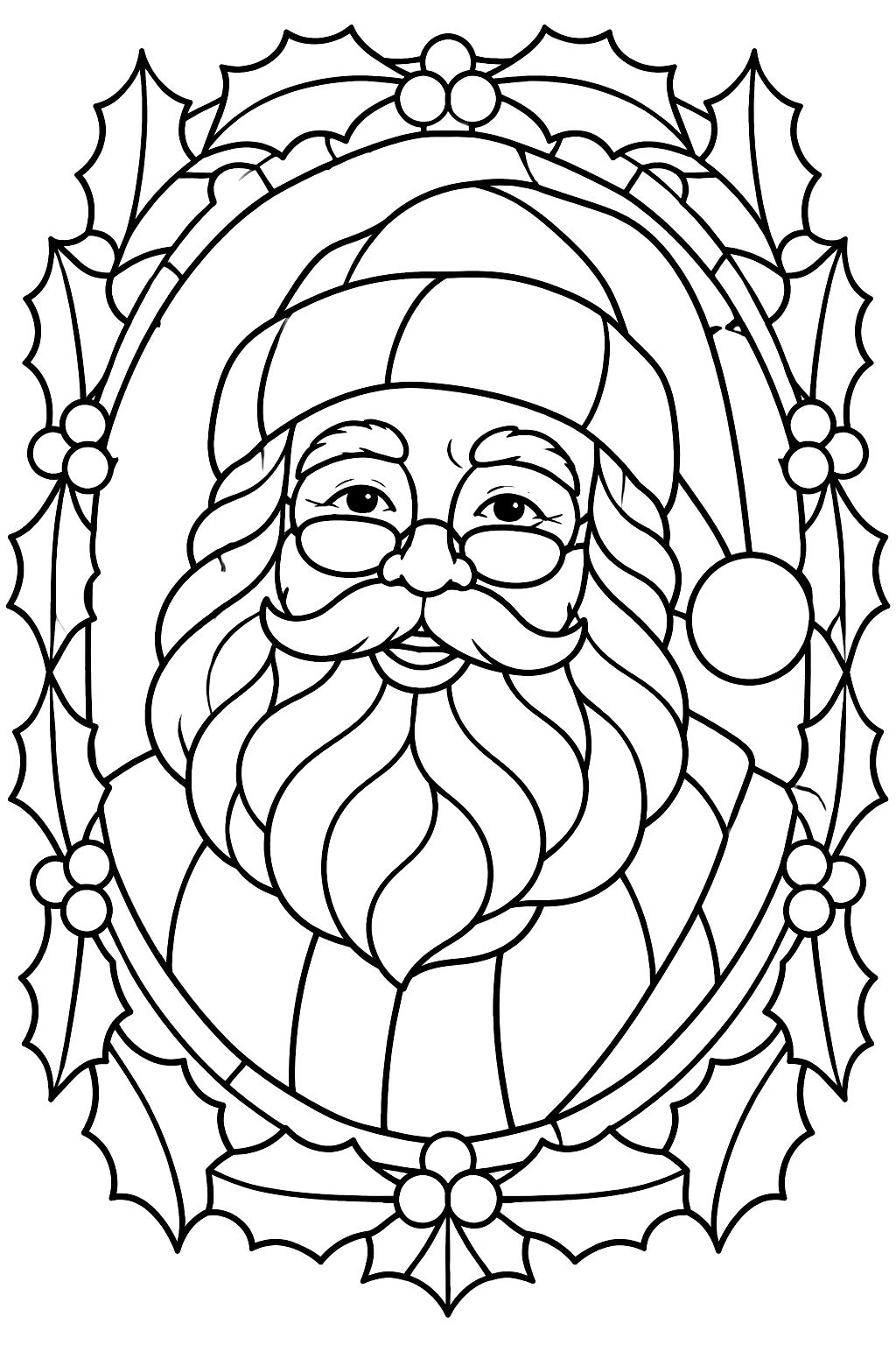 Santa portrait in a stained glass window style with an ornate holly border coloring page