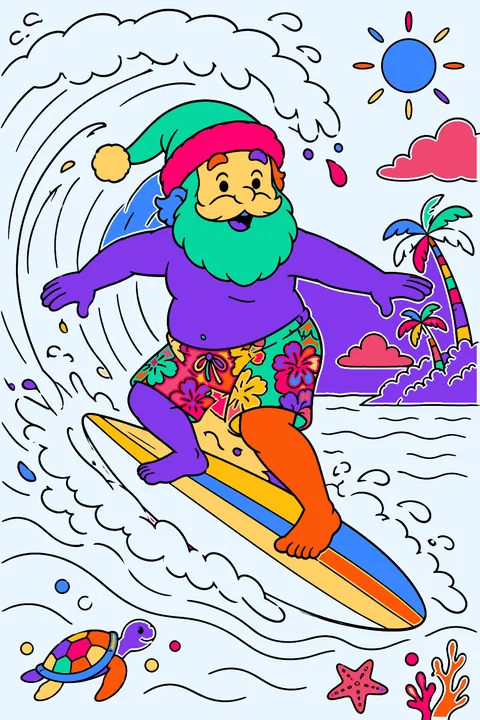 Santa surfing a big wave on a surfboard wearing swim shorts and his hat coloring page