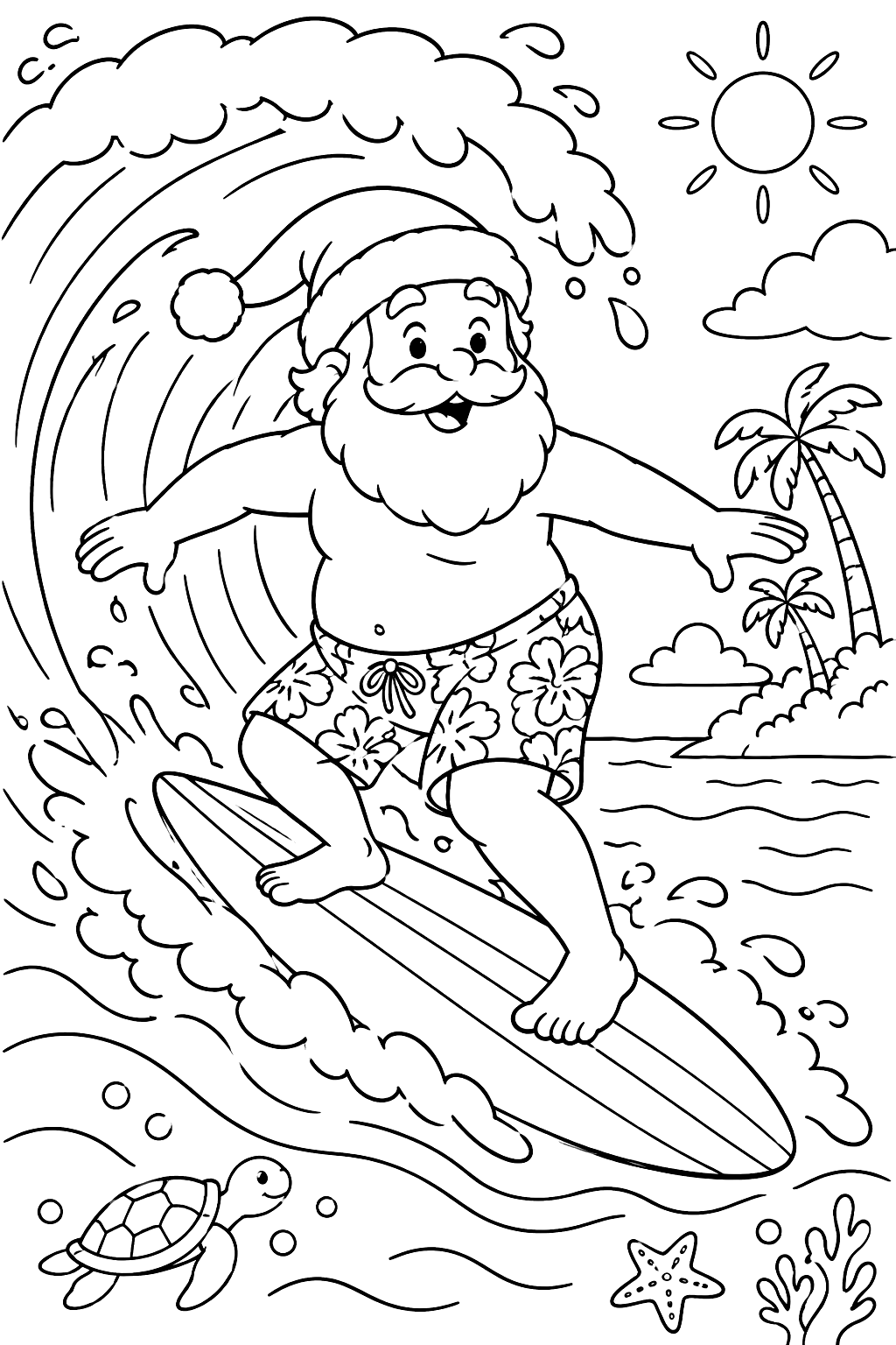 Santa surfing a big wave on a surfboard wearing swim shorts and his hat coloring page