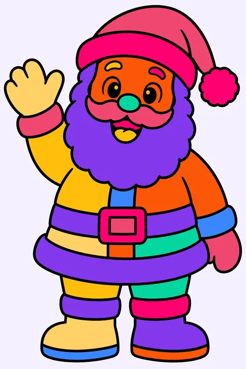 Santa claus waving hello with a big smile and a fluffy beard coloring page