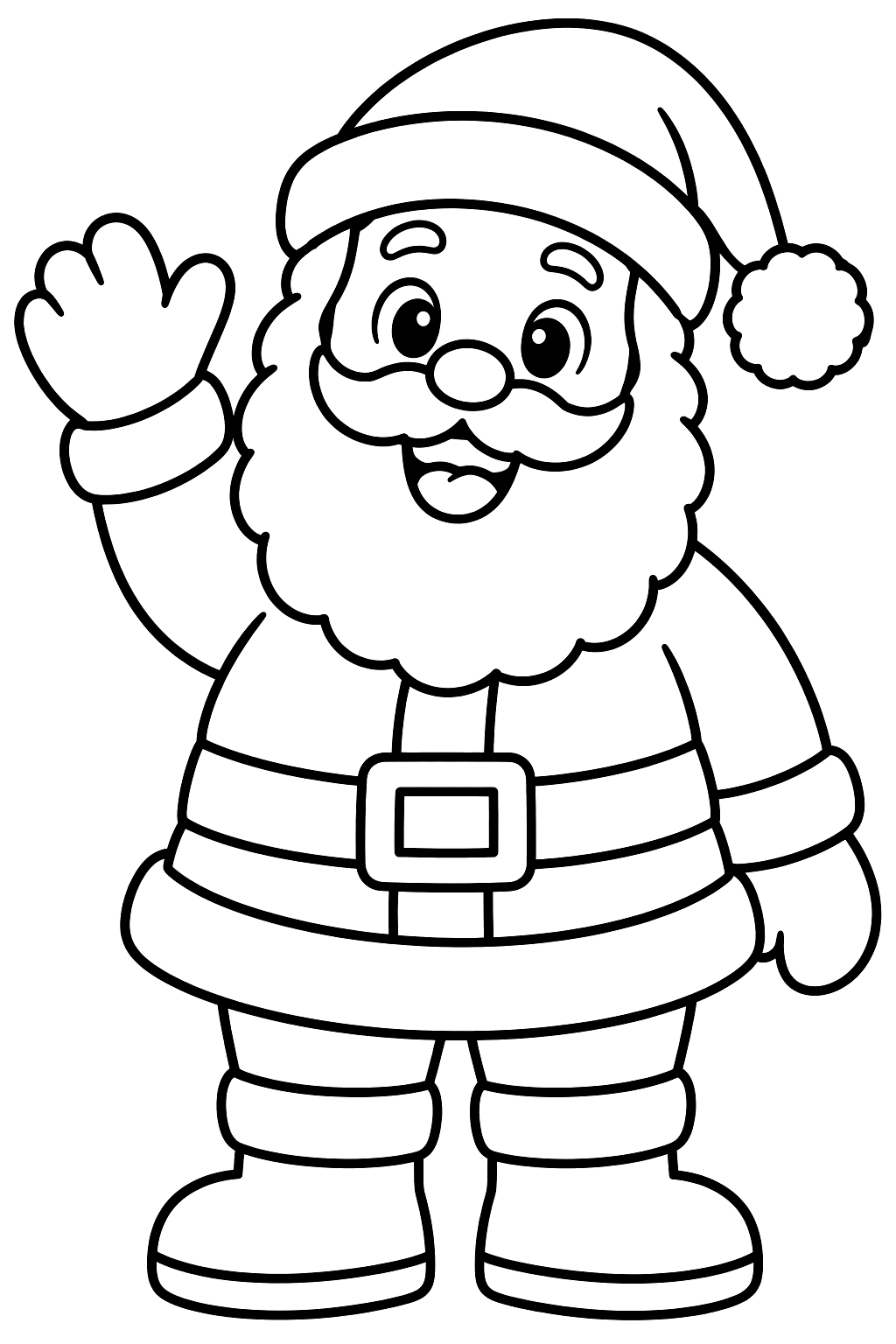 Santa claus waving hello with a big smile and a fluffy beard coloring page