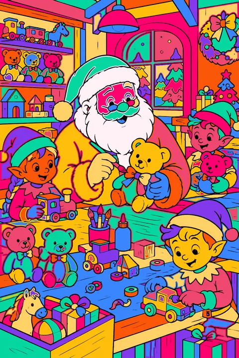 Santa in his workshop helping cheerful elves build wooden toys and teddy bears coloring page