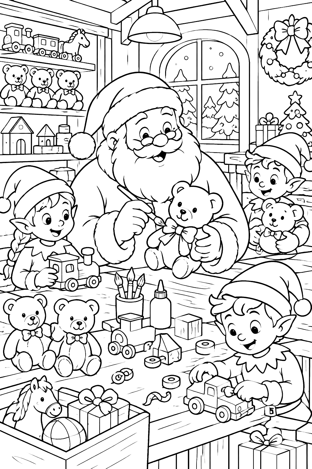 Santa in his workshop helping cheerful elves build wooden toys and teddy bears coloring page