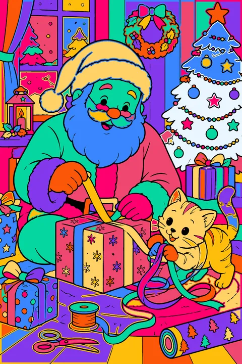 Santa wrapping gifts while a playful kitten tangles the ribbon coloring page