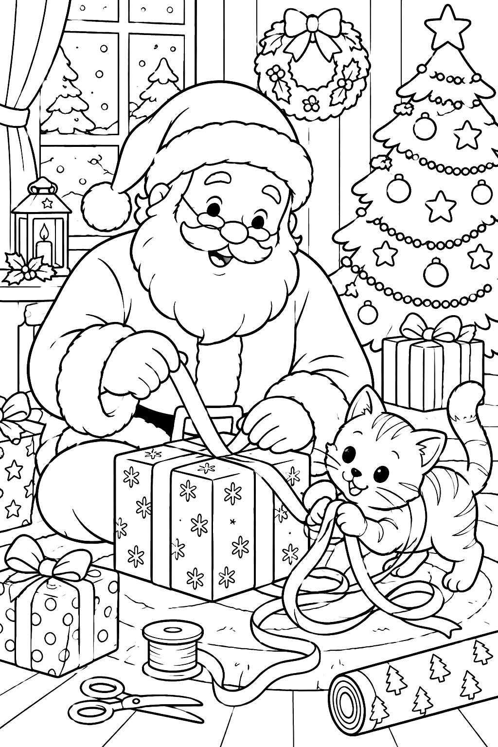 Santa wrapping gifts while a playful kitten tangles the ribbon coloring page