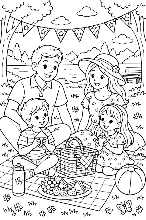 A family picnic in a park with flags coloring page
